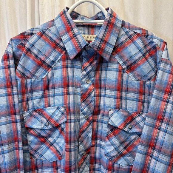 Roper Western Shirt Mens Size Large Blue Red Plaid Pearl Snaps Long Sleeve - Picture 2 of 8